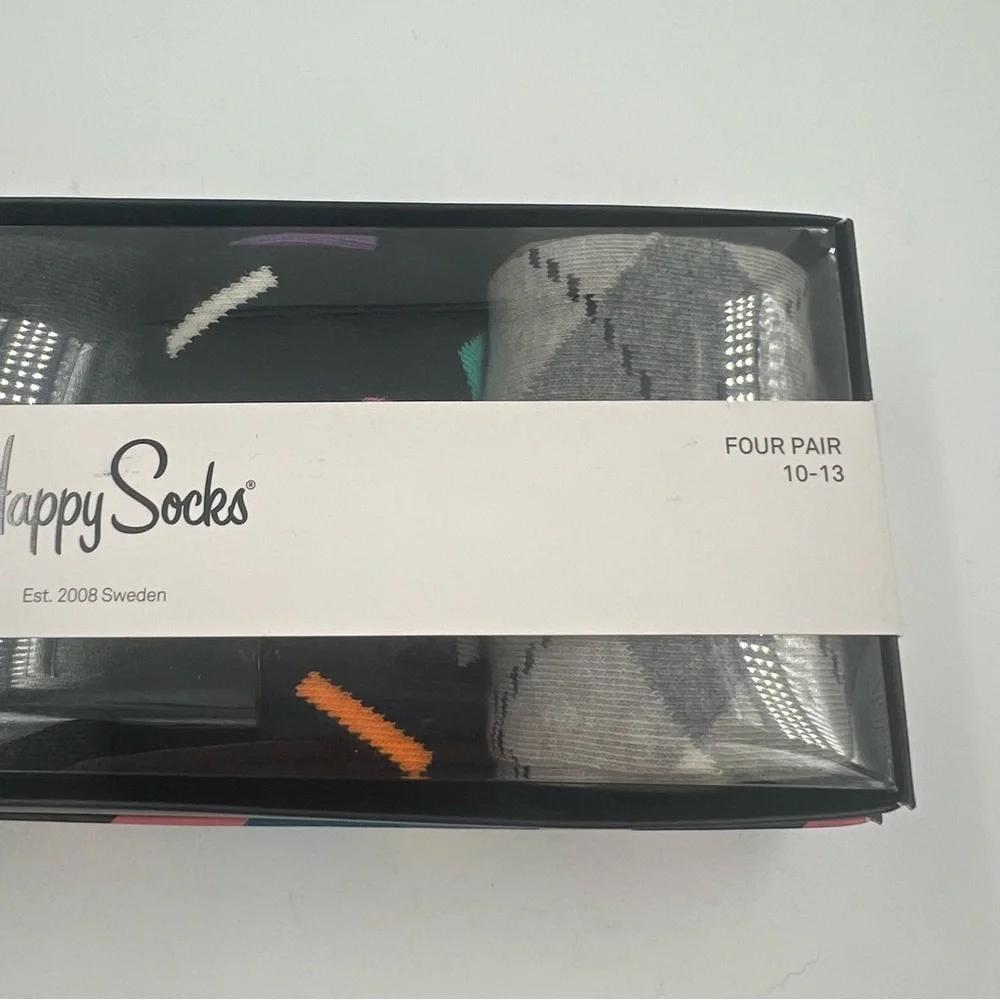 NEW Happy Socks Four Pair Pack (10-13) Plaid/Stripe/Umbrella Print
